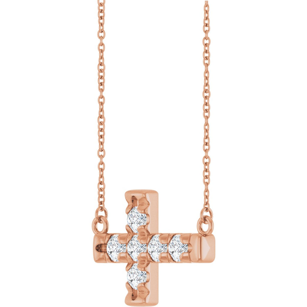 3/4 CTW Natural Diamond Sideways Cross Necklace in 14k rose gold
