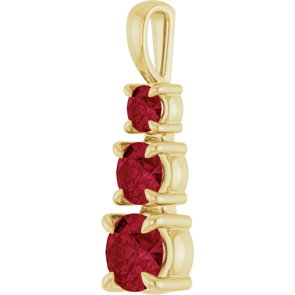 Lab-Grown Ruby Three-Stone Pendant in 14k yellow gold
