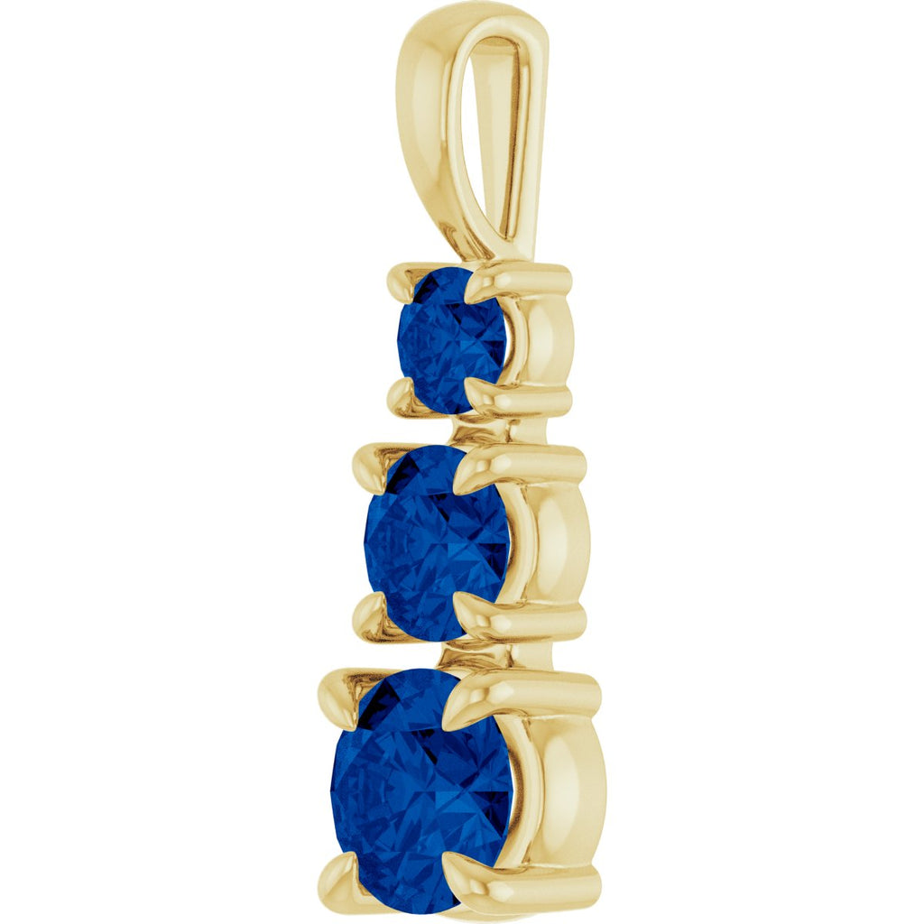Lab-Grown Blue Sapphire Three-Stone Pendant in 14k yellow gold