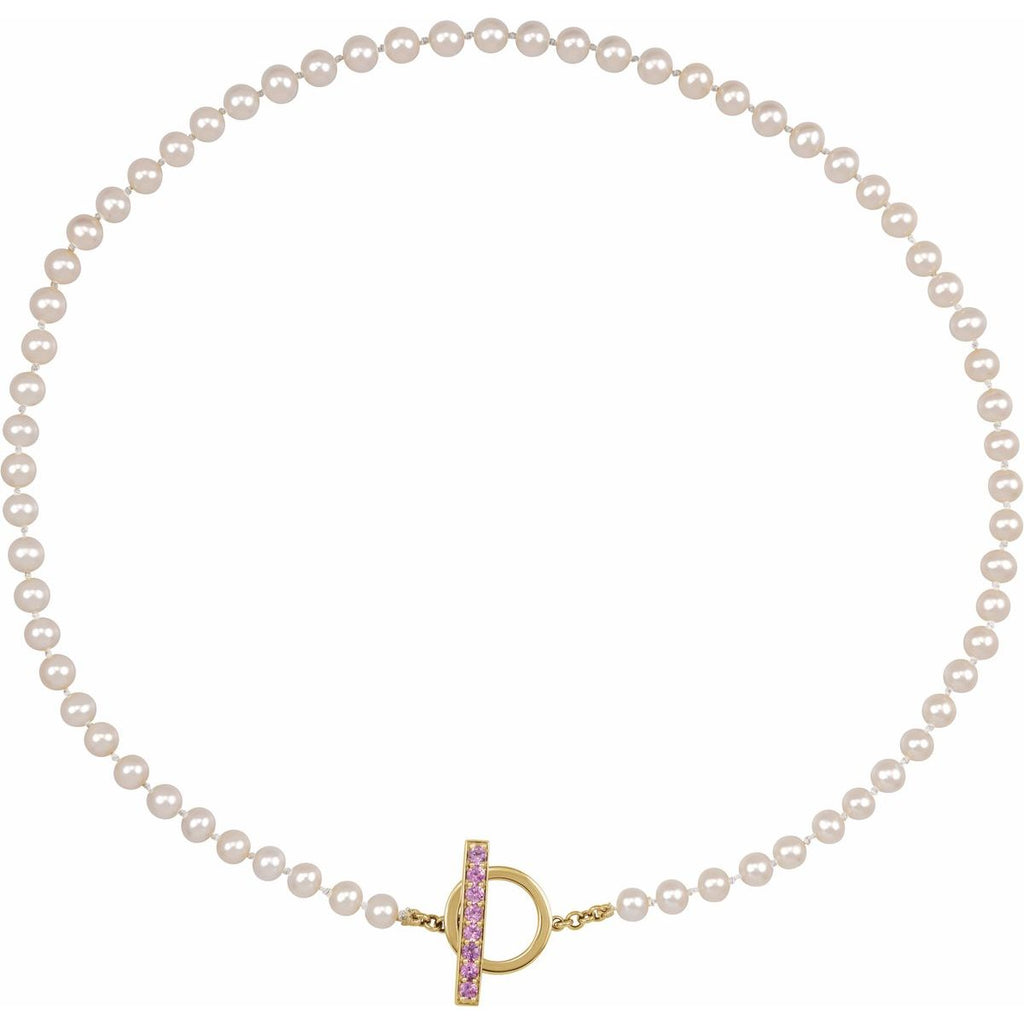 Cultured White Freshwater Pearl & Lab-Grown Pink Sapphire Necklace in 14k yellow gold