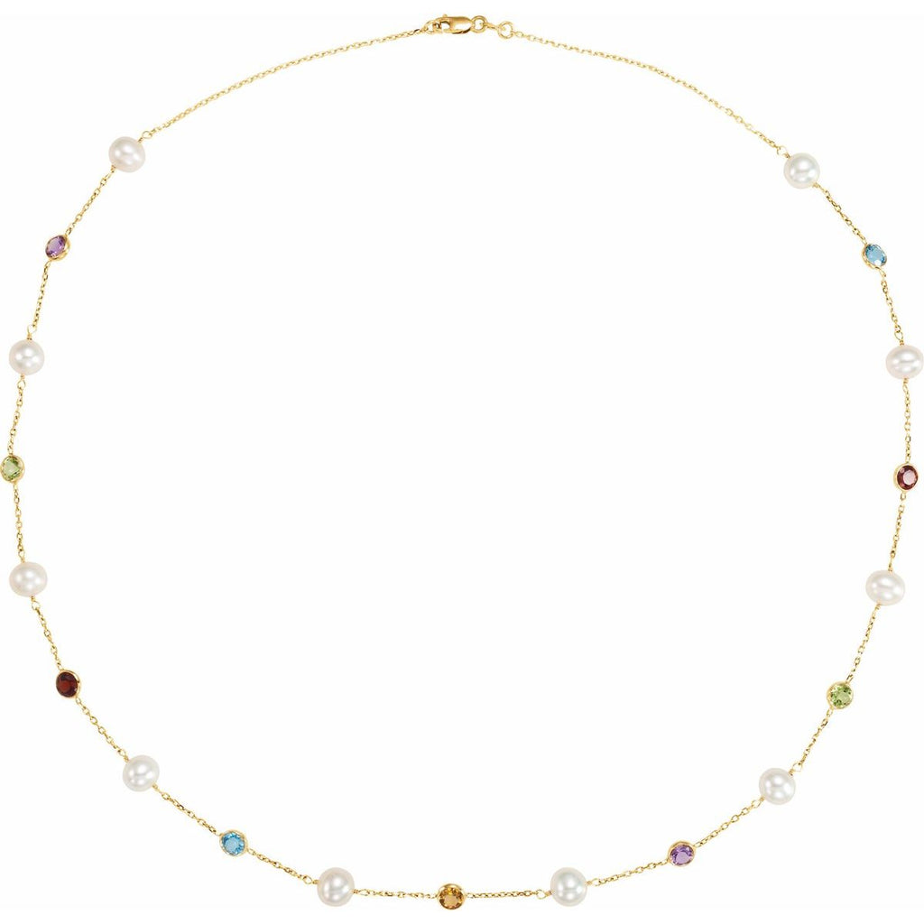 Cultured White Freshwater Pearl & Multi-Gemstone 10-Station Necklace in 14k yellow gold