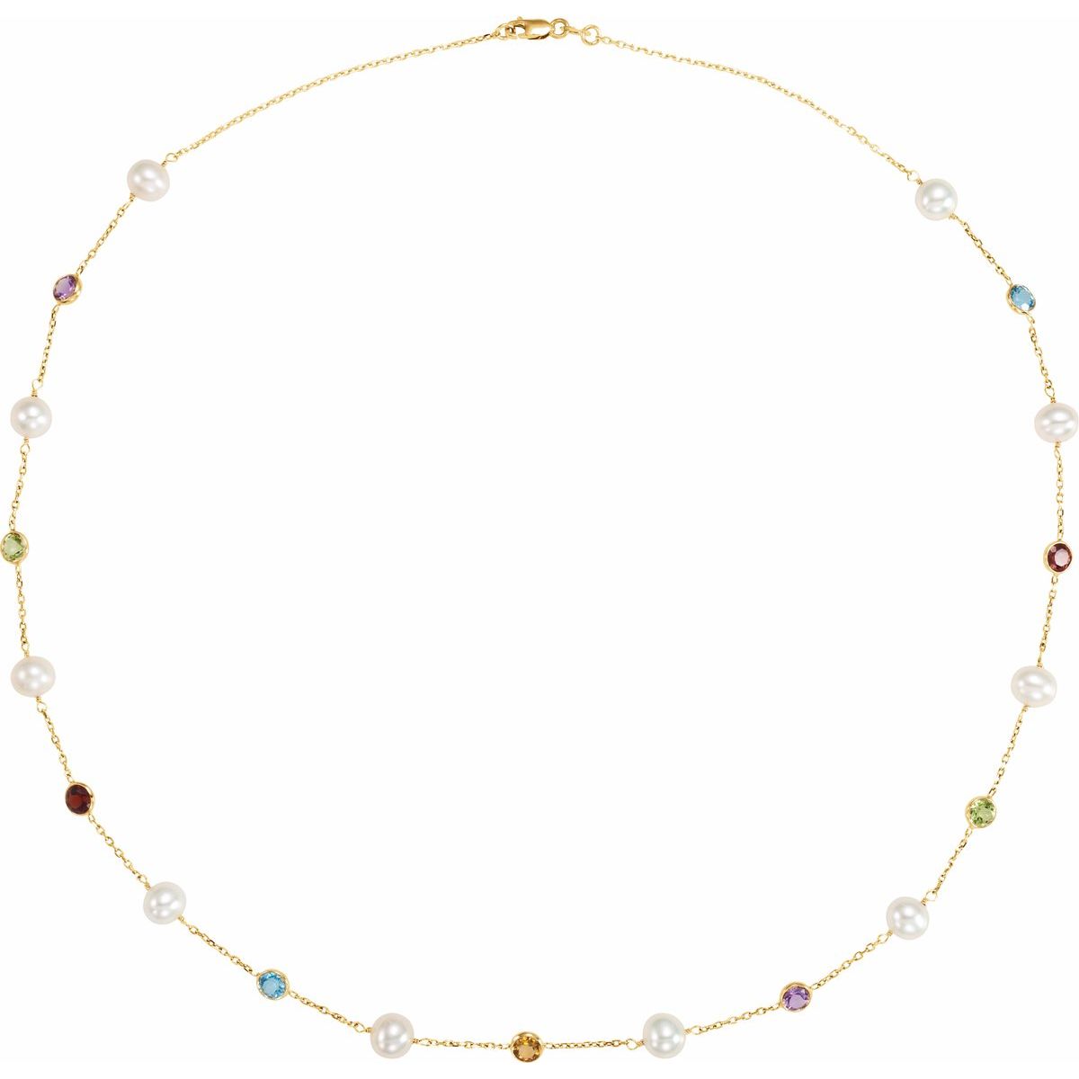 Cultured White Freshwater Pearl & Multi-Gemstone 10-Station Necklace in 14k yellow gold