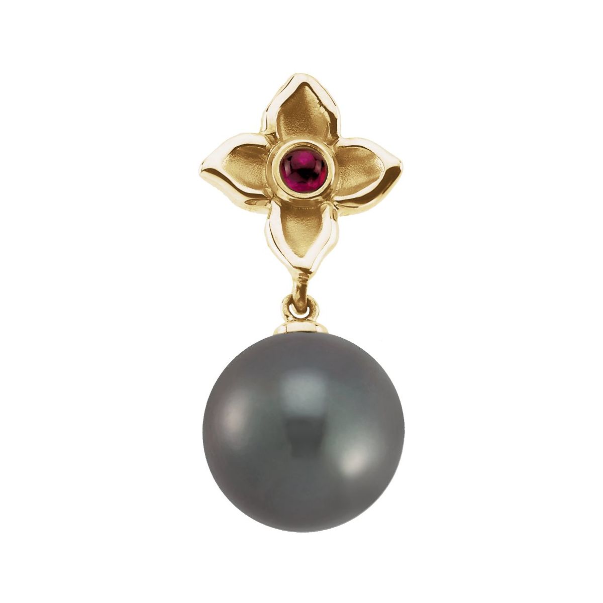 12 mm Cultured Gray Tahitian Pearl & Natural Ruby Pendant in 14k yellow gold
