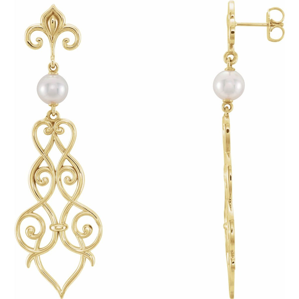 Cultured White Akoya Pearl Fleur-De-Lis Scroll Earrings in 14k yellow gold