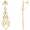 Cultured White Akoya Pearl Fleur-De-Lis Scroll Earrings in 14k yellow gold