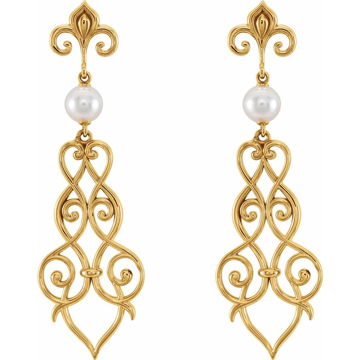 Cultured White Akoya Pearl Fleur-De-Lis Scroll Earrings in 14k yellow gold