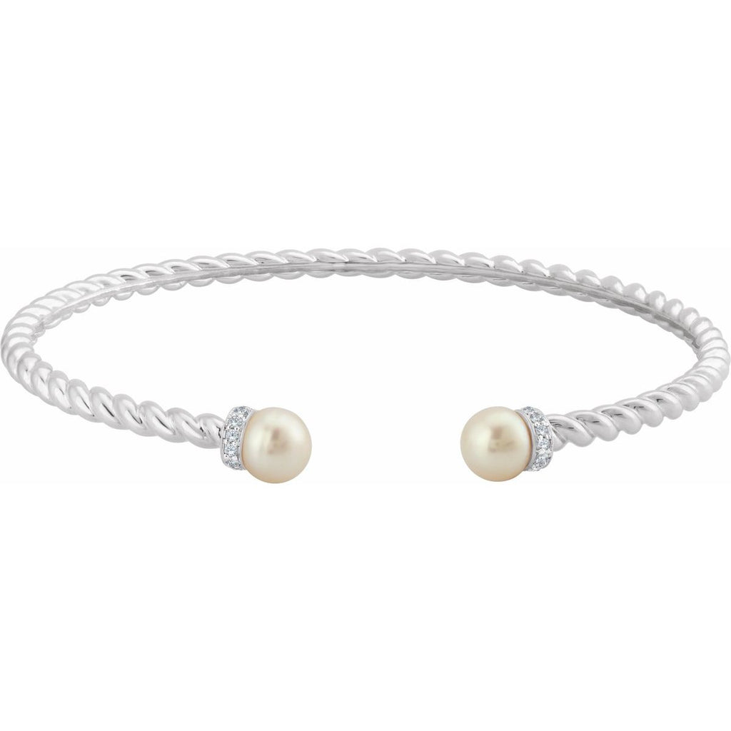 Cultured White Freshwater Pearl & 1/10 CTW Natural Diamond Cuff Bracelet in 14k white gold