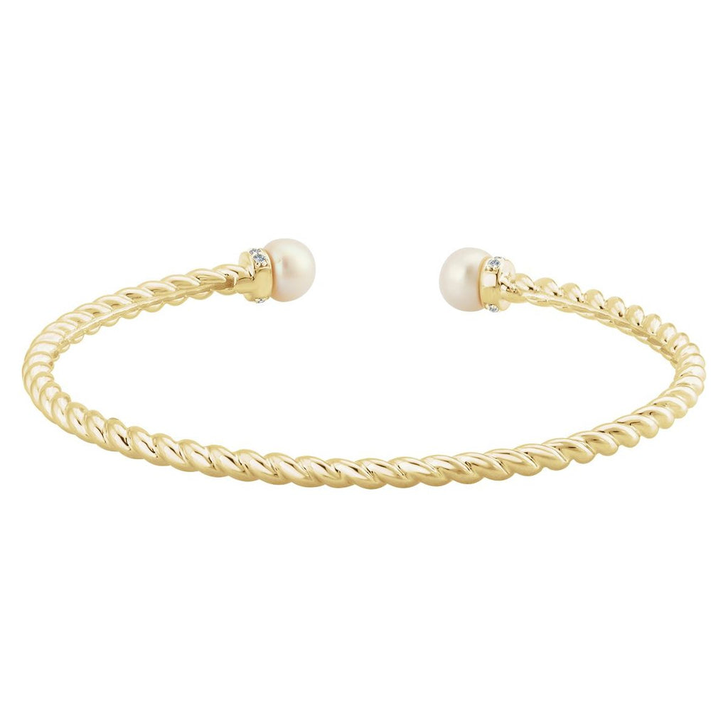 Cultured White Freshwater Pearl & 1/10 CTW Natural Diamond Cuff Bracelet in 14k yellow gold
