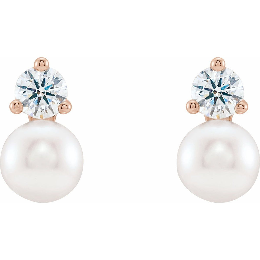 Cultured White Freshwater Pearl & 1/2 CTW Natural Diamond Earrings in 14k rose gold