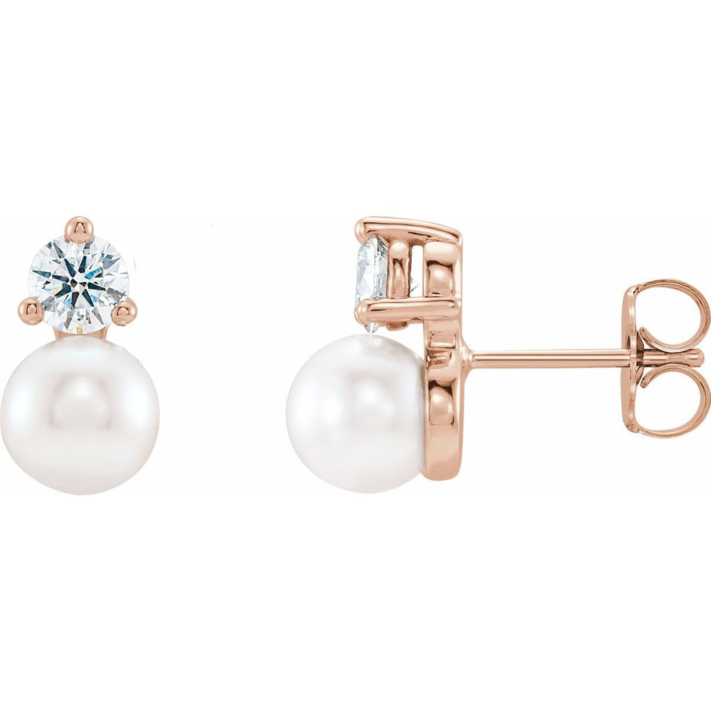 Cultured White Freshwater Pearl & 1/2 CTW Natural Diamond Earrings in 14k rose gold