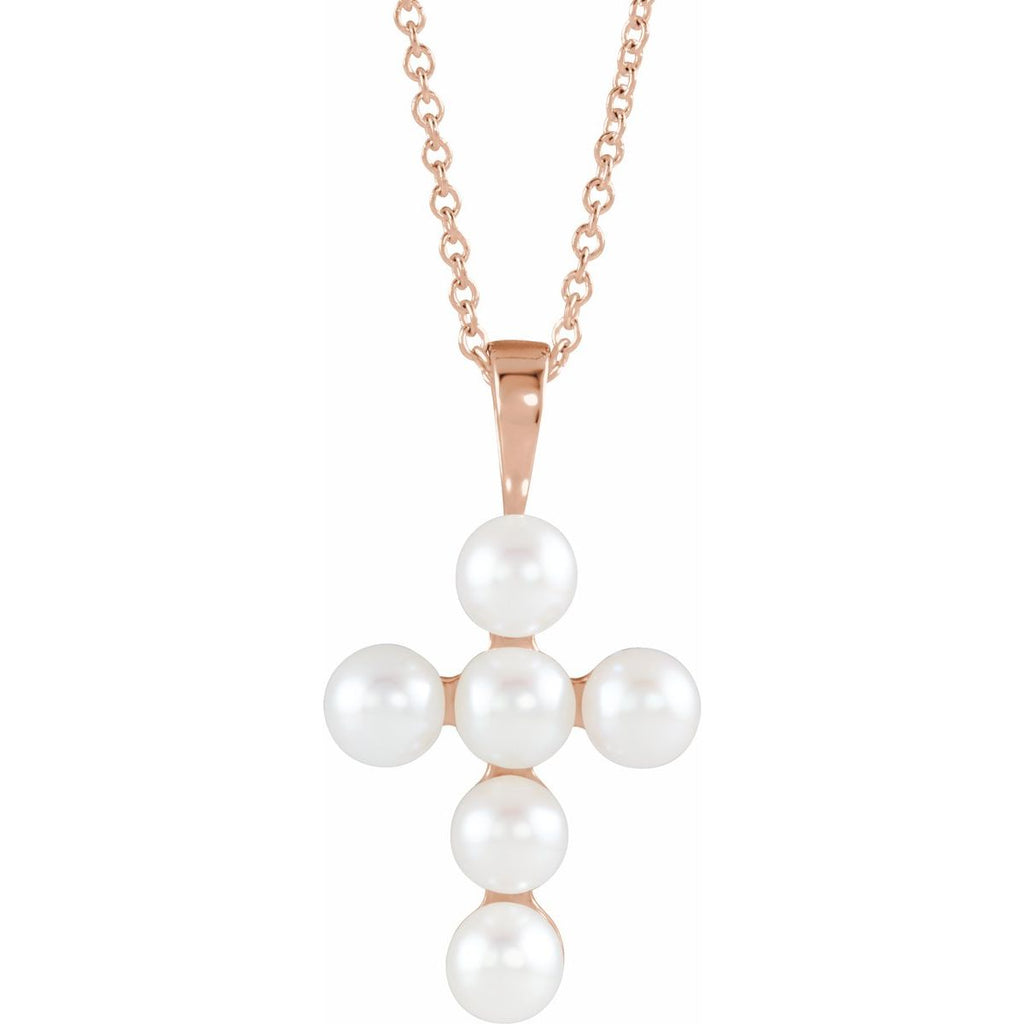 Cultured White Freshwater Pearl Cross Necklace in 14k rose gold