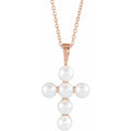 Cultured White Freshwater Pearl Cross Necklace in 14k rose gold