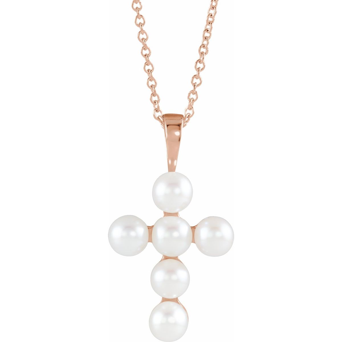 Cultured White Freshwater Pearl Cross Necklace in 14k rose gold
