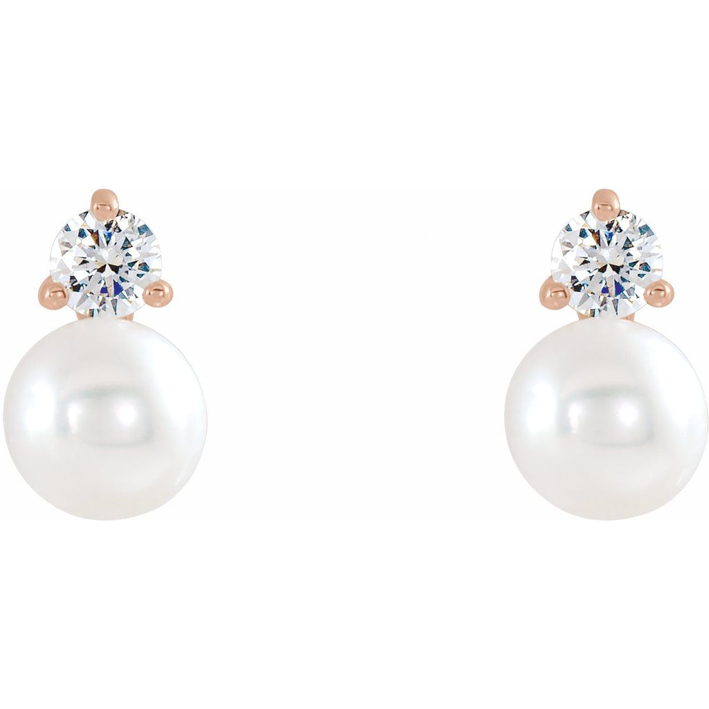 Cultured White Freshwater Pearl & 1/5 CTW Natural Diamond Earrings in 14k rose gold
