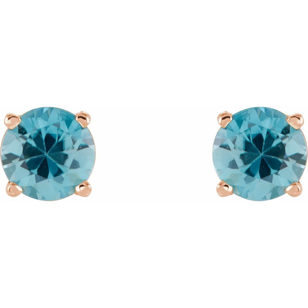 Natural Blue Zircon Four-Prong Stud Earrings in 14k rose gold