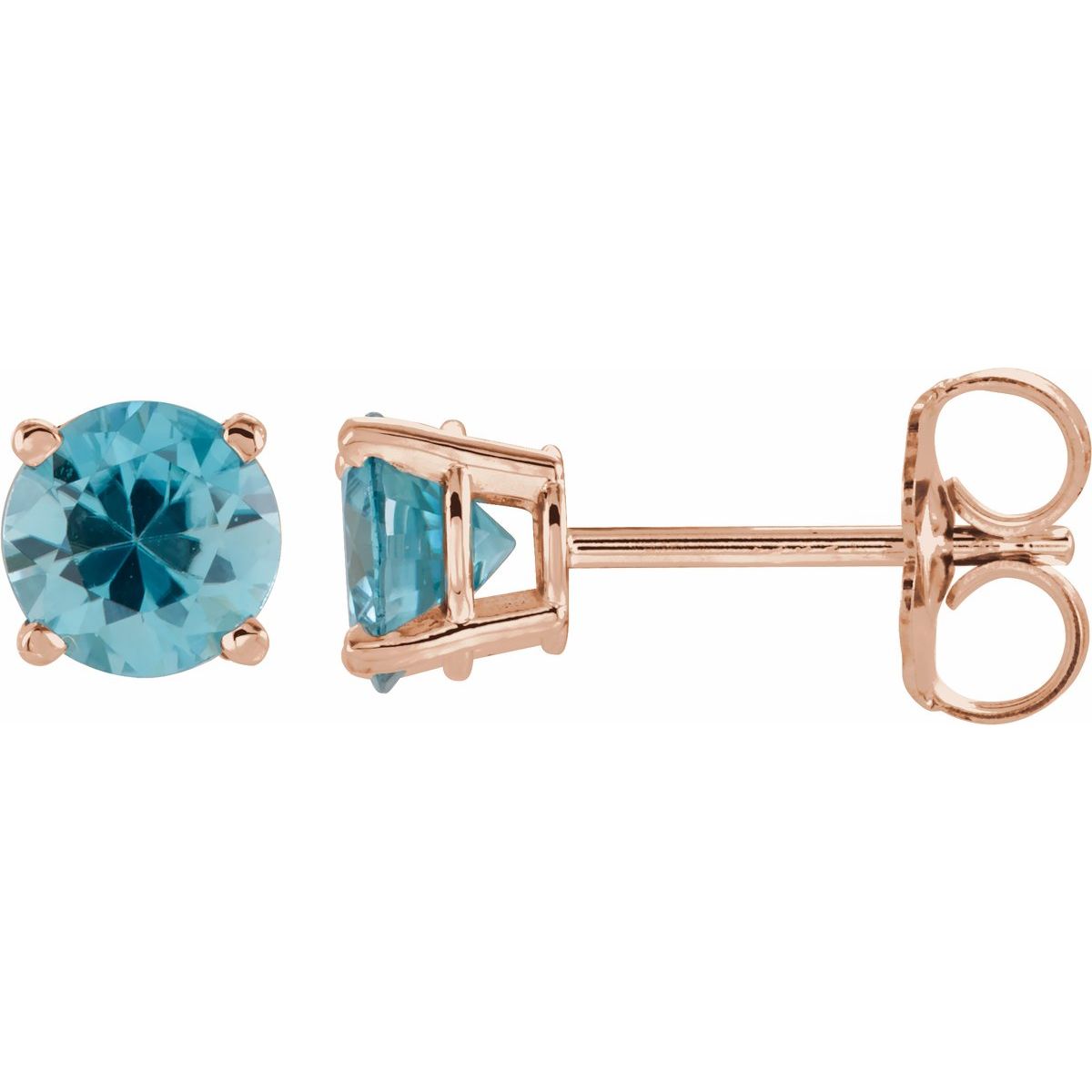 Natural Blue Zircon Four-Prong Stud Earrings in 14k rose gold