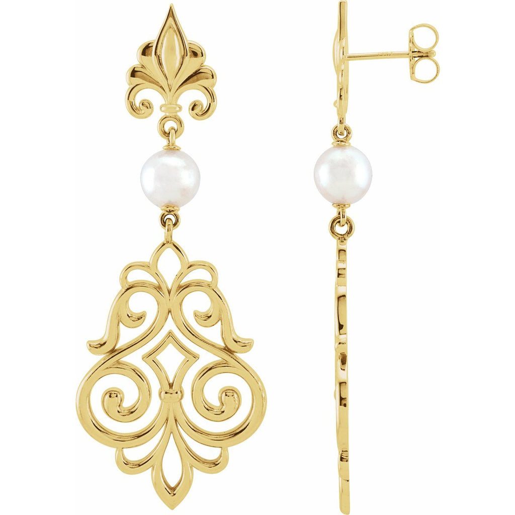 Cultured White Akoya Pearl Fleur-De-Lis Earrings in 14k yellow gold