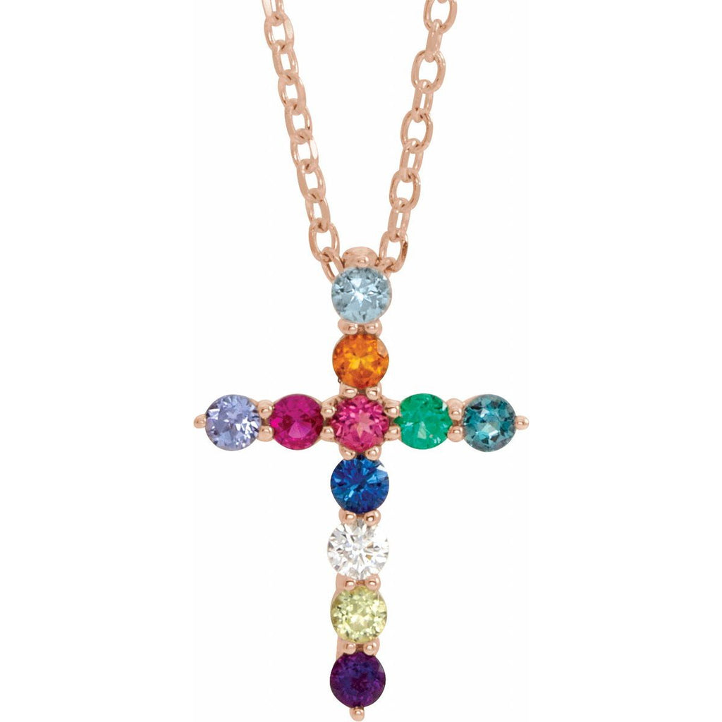 Natural Multi-Gemstone & .03 CT Natural Diamond Cross Necklace in 14k rose gold