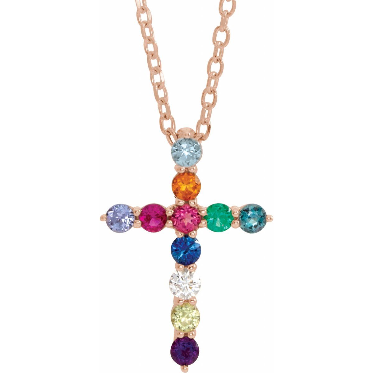 Natural Multi-Gemstone & .03 CT Natural Diamond Cross Necklace in 14k rose gold