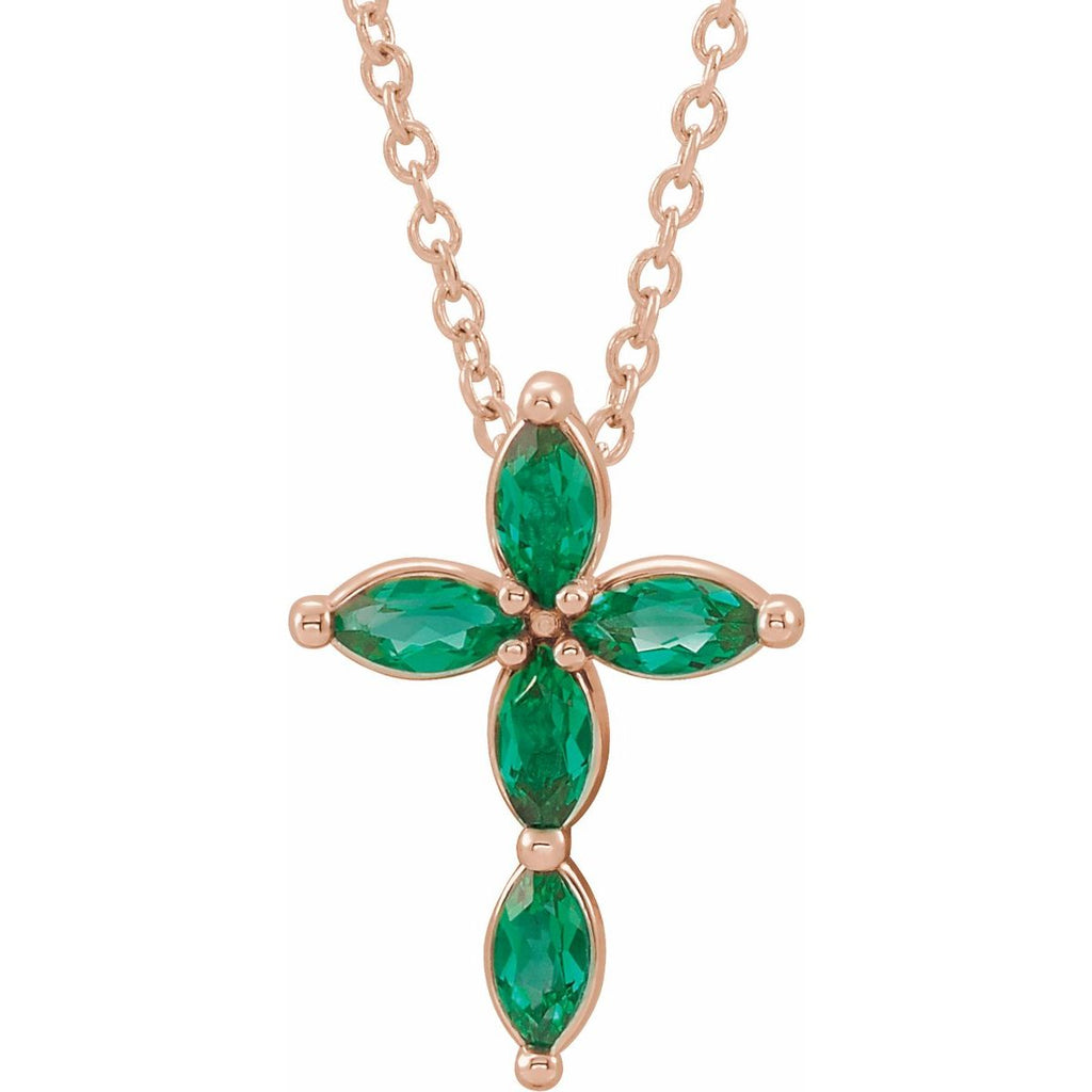 Natural Emerald Cross Necklace in 14k rose gold