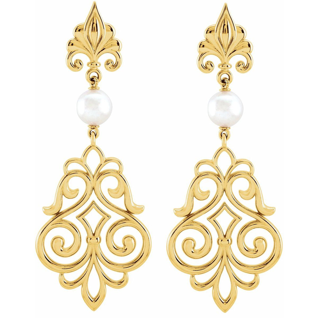 Cultured White Akoya Pearl Fleur-De-Lis Earrings in 14k yellow gold