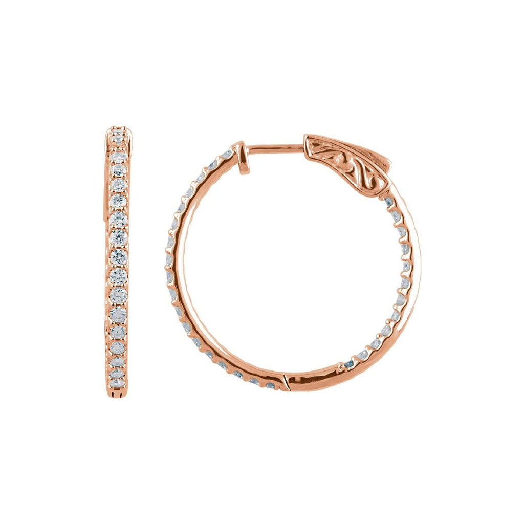 1 CTW Natural Diamond Inside-Outside 26.5 mm Hinged Hoop Earrings in 14k rose gold