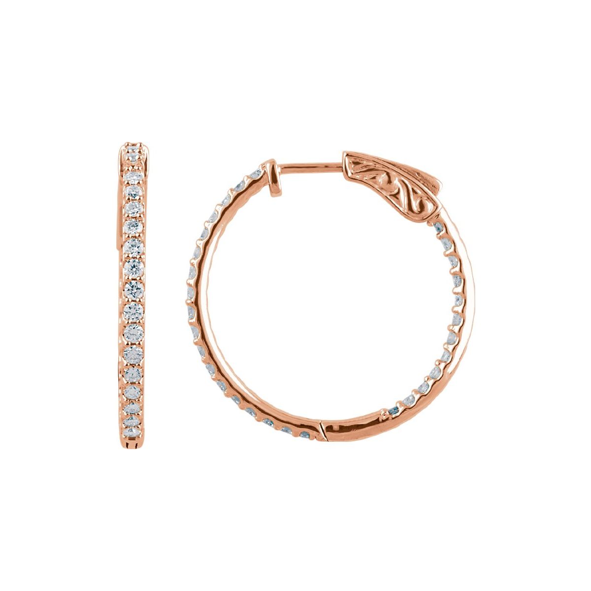 1 CTW Natural Diamond Inside-Outside 26.5 mm Hinged Hoop Earrings in 14k rose gold