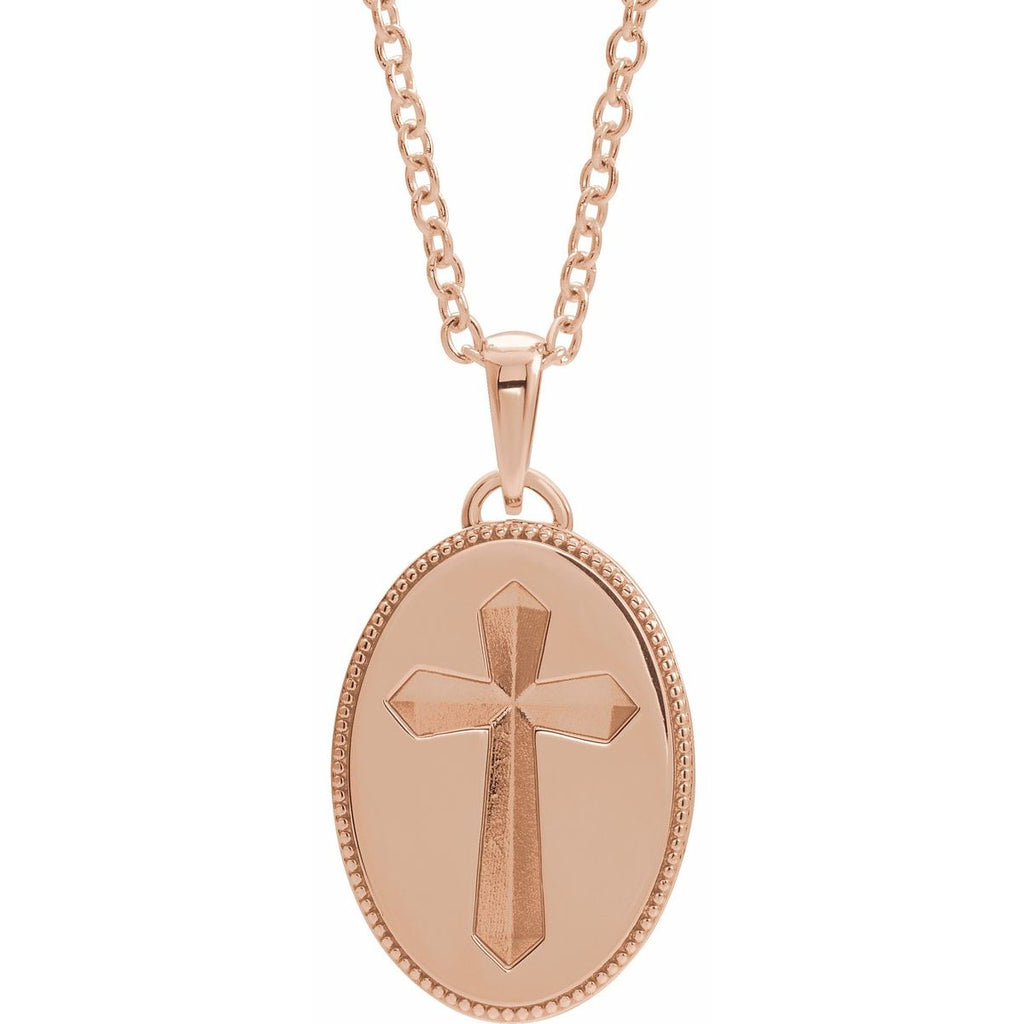 Oval Cross Medal Necklace in 14k rose gold