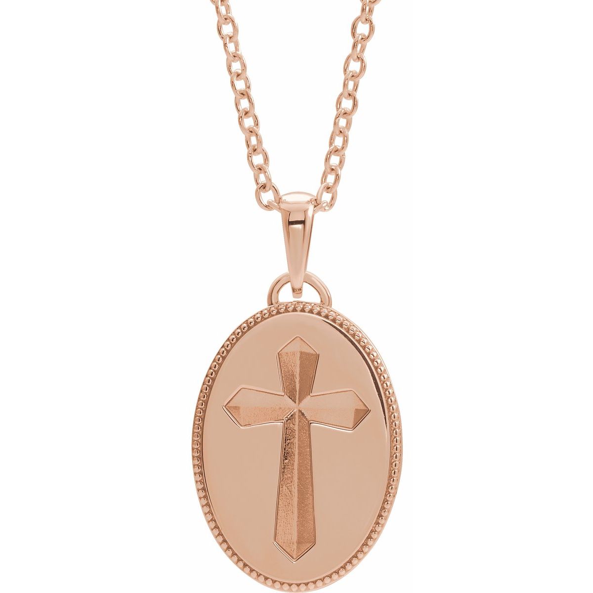 Oval Cross Medal Necklace in 14k rose gold