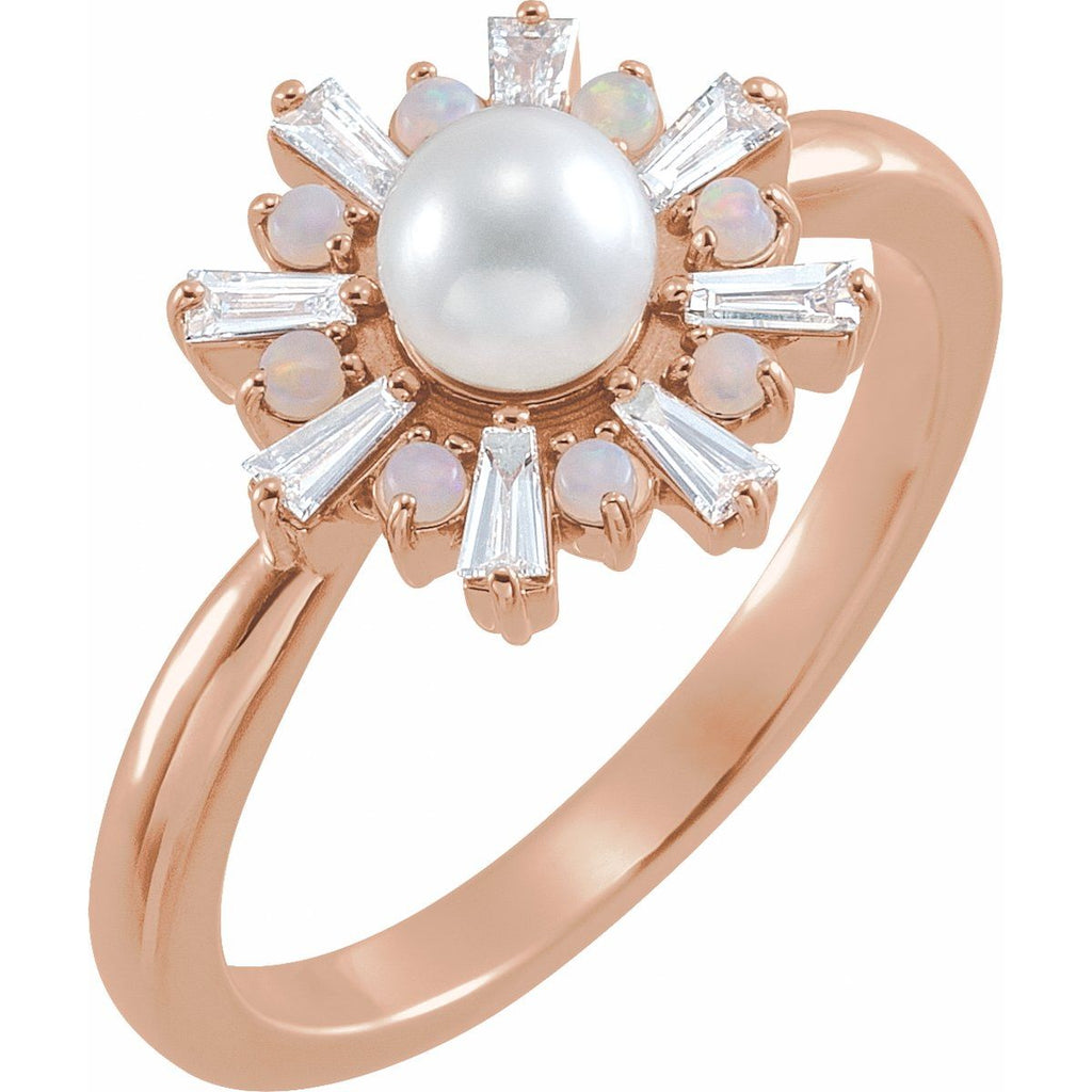 Cultured White Akoya Pearl, Natural White Opal & 1/4 CTW Natural Diamond Ring in 14k rose gold