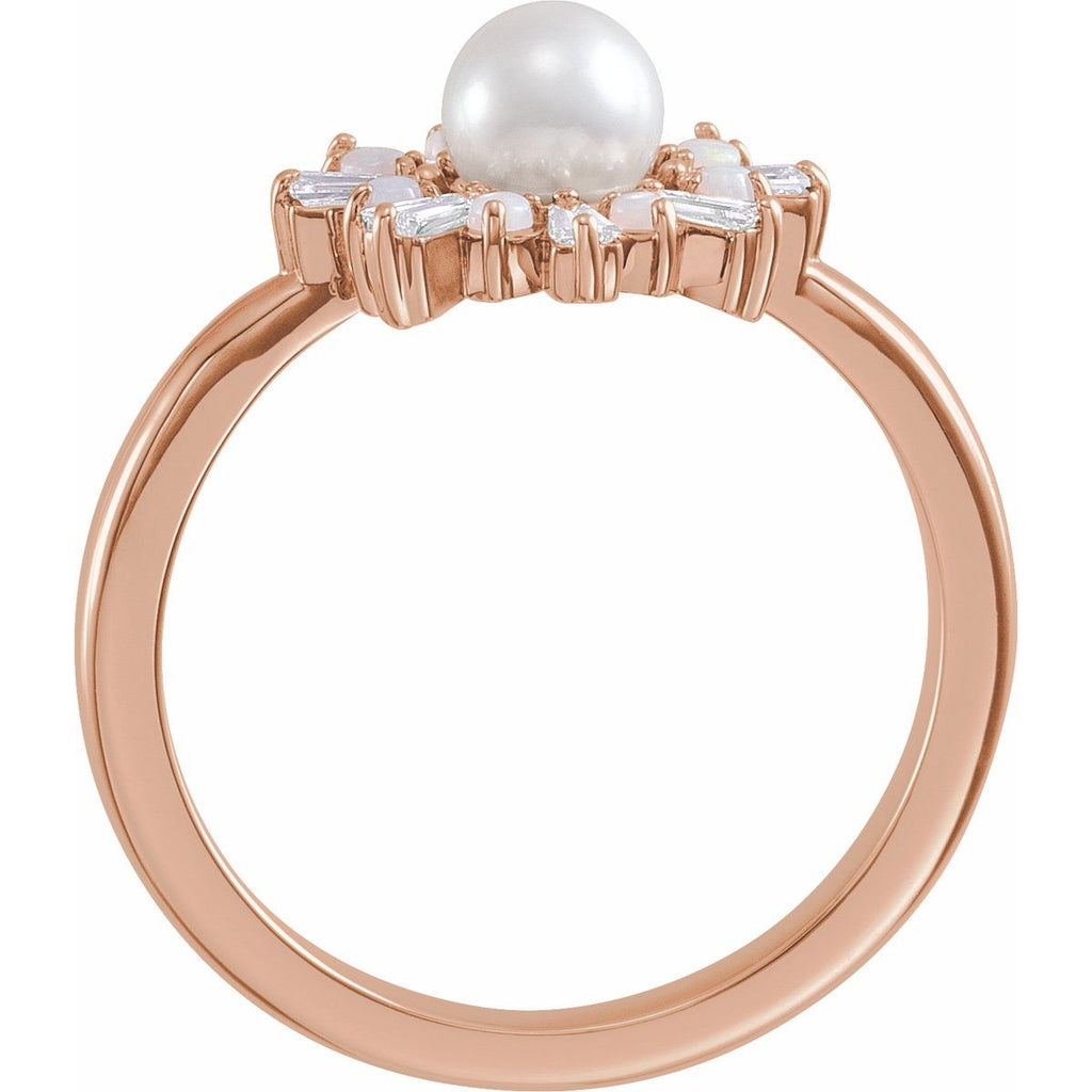 Cultured White Akoya Pearl, Natural White Opal & 1/4 CTW Natural Diamond Ring in 14k rose gold