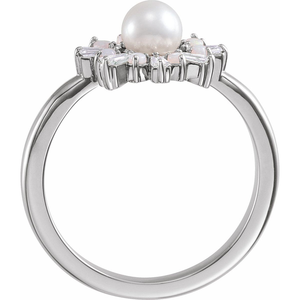 Cultured White Akoya Pearl, Natural White Opal & 1/4 CTW Natural Diamond Ring