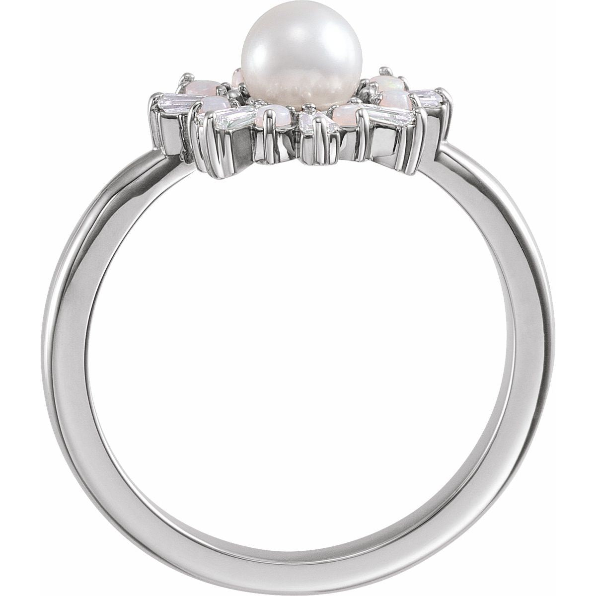 Cultured White Akoya Pearl, Natural White Opal & 1/4 CTW Natural Diamond Ring