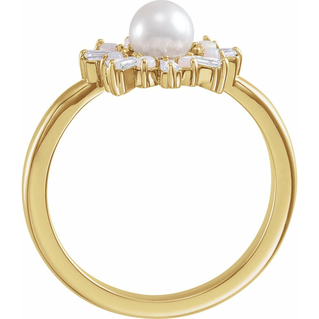 Cultured White Akoya Pearl, Natural White Opal & 1/4 CTW Natural Diamond Ring in 14k yellow gold
