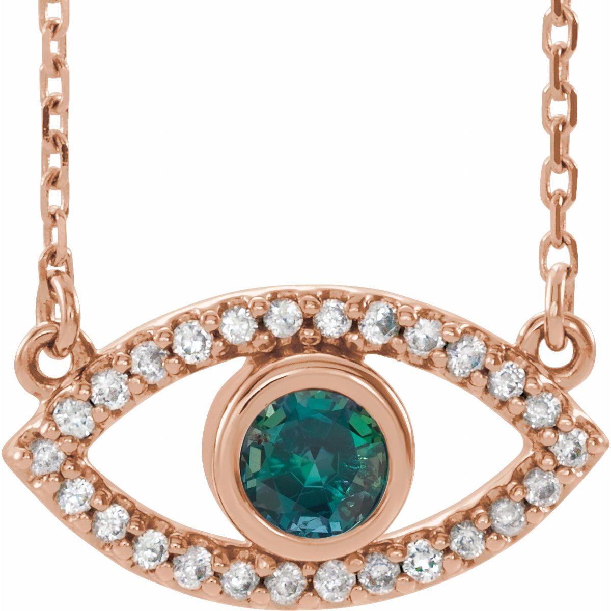 Natural Alexandrite & Natural White Sapphire Evil Eye Necklace in 14k rose gold