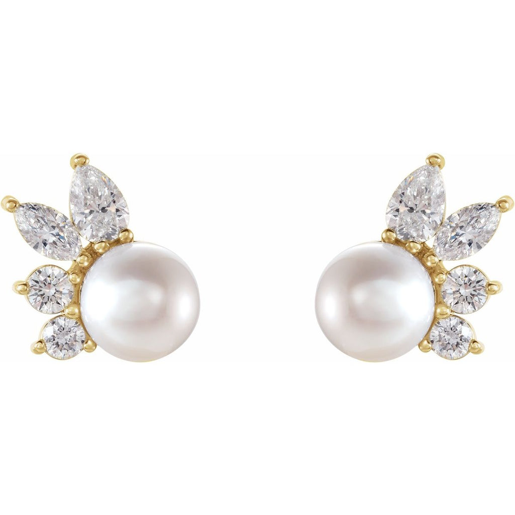 Cultured White Akoya Pearl & 1/2 CTW Natural Diamond Earrings in 14k yellow gold