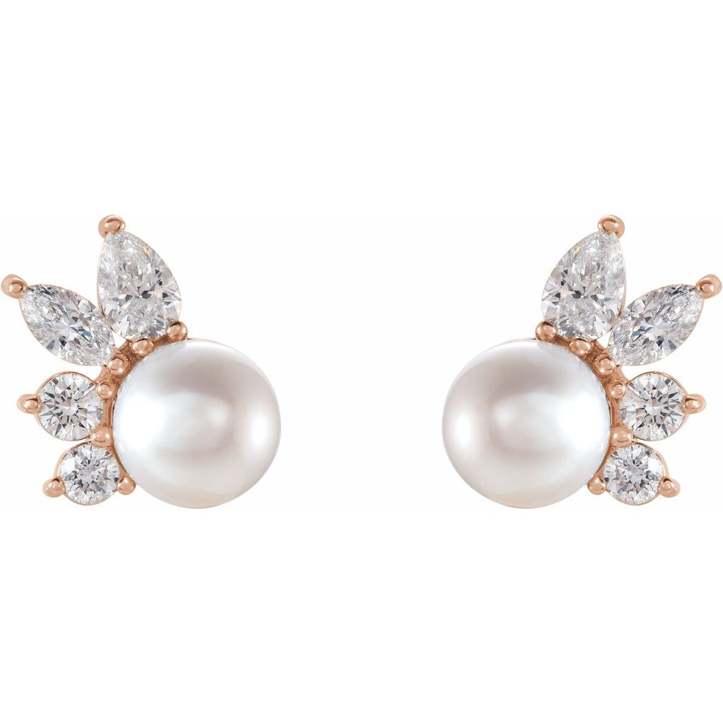 Cultured White Akoya Pearl & 1/2 CTW Natural Diamond Earrings in 14k rose gold