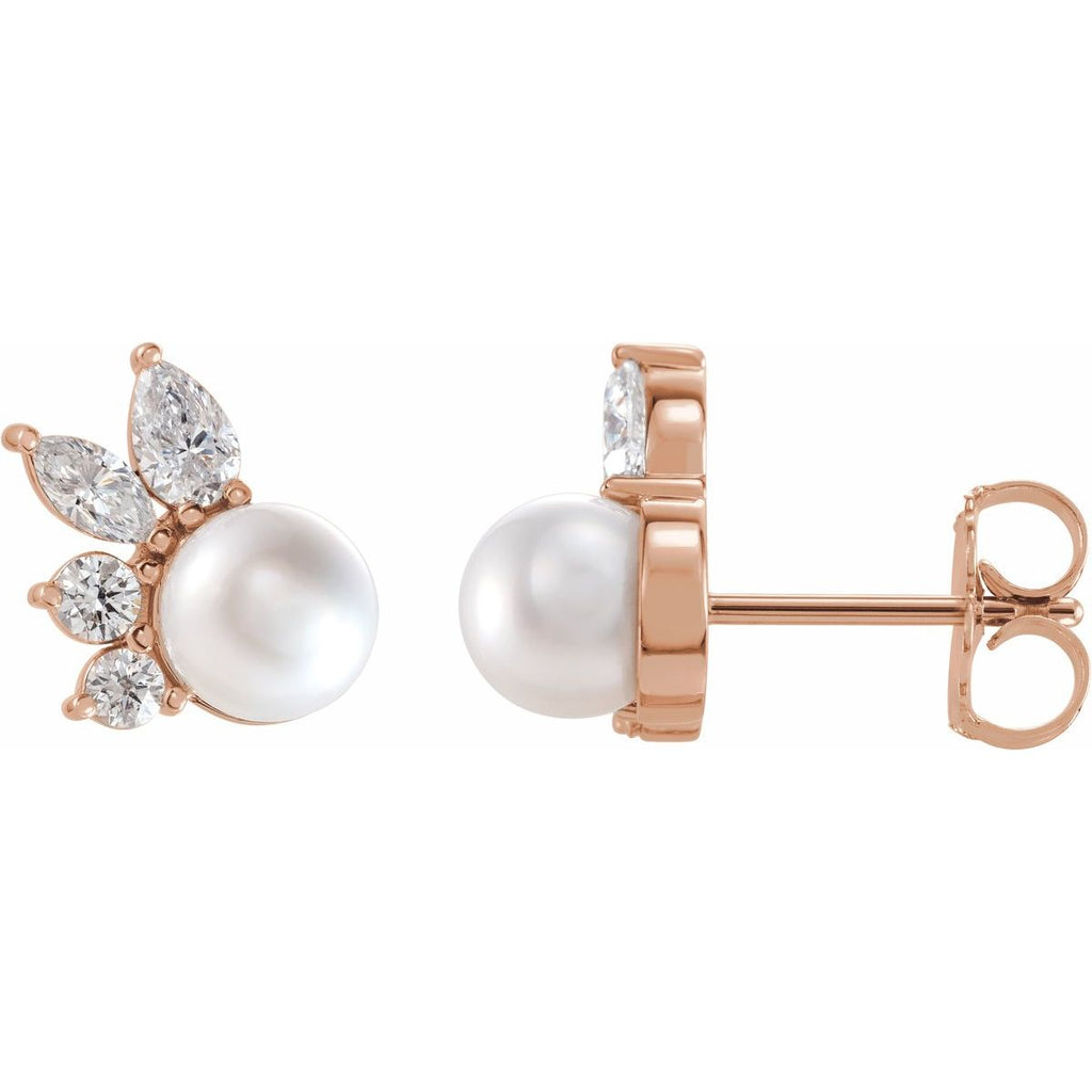 Cultured White Akoya Pearl & 1/2 CTW Natural Diamond Earrings in 14k rose gold