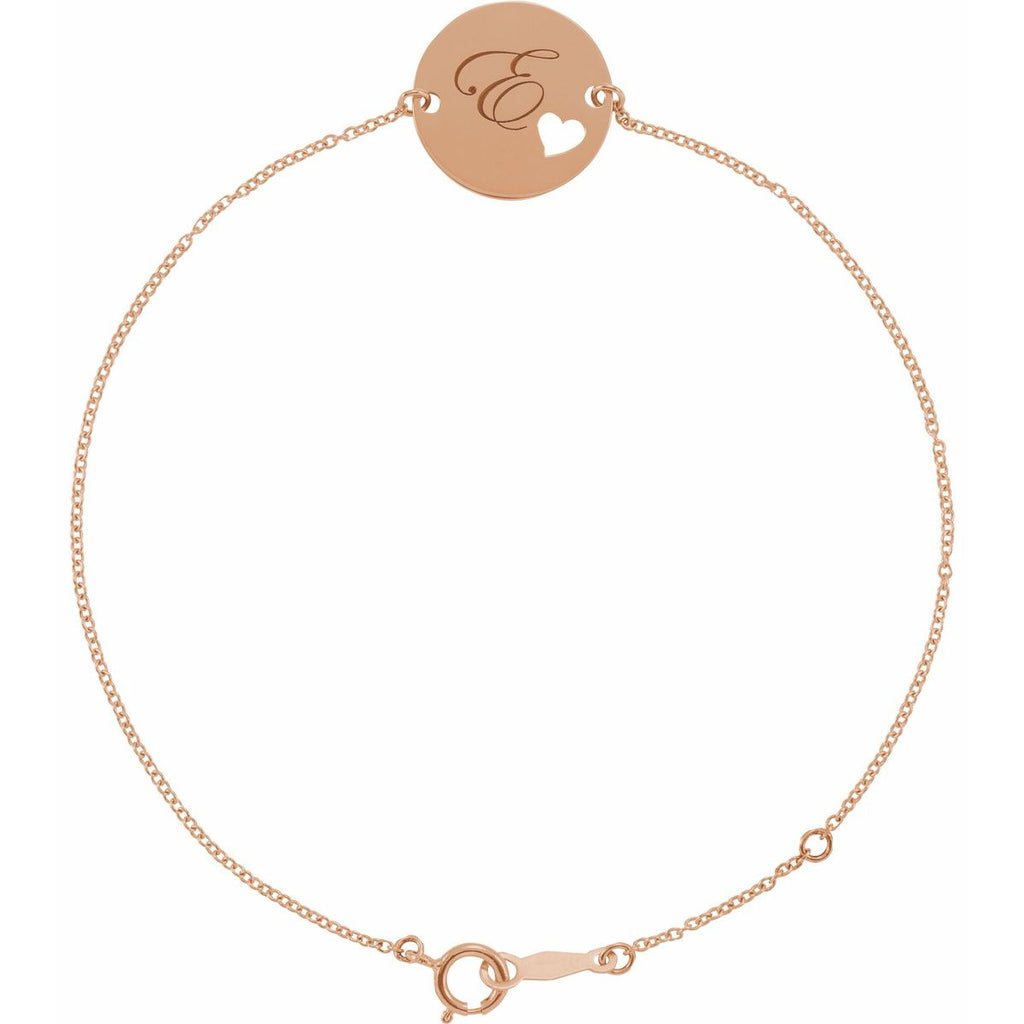 Engravable Pierced Heart Disc Bracelet in 14k rose gold