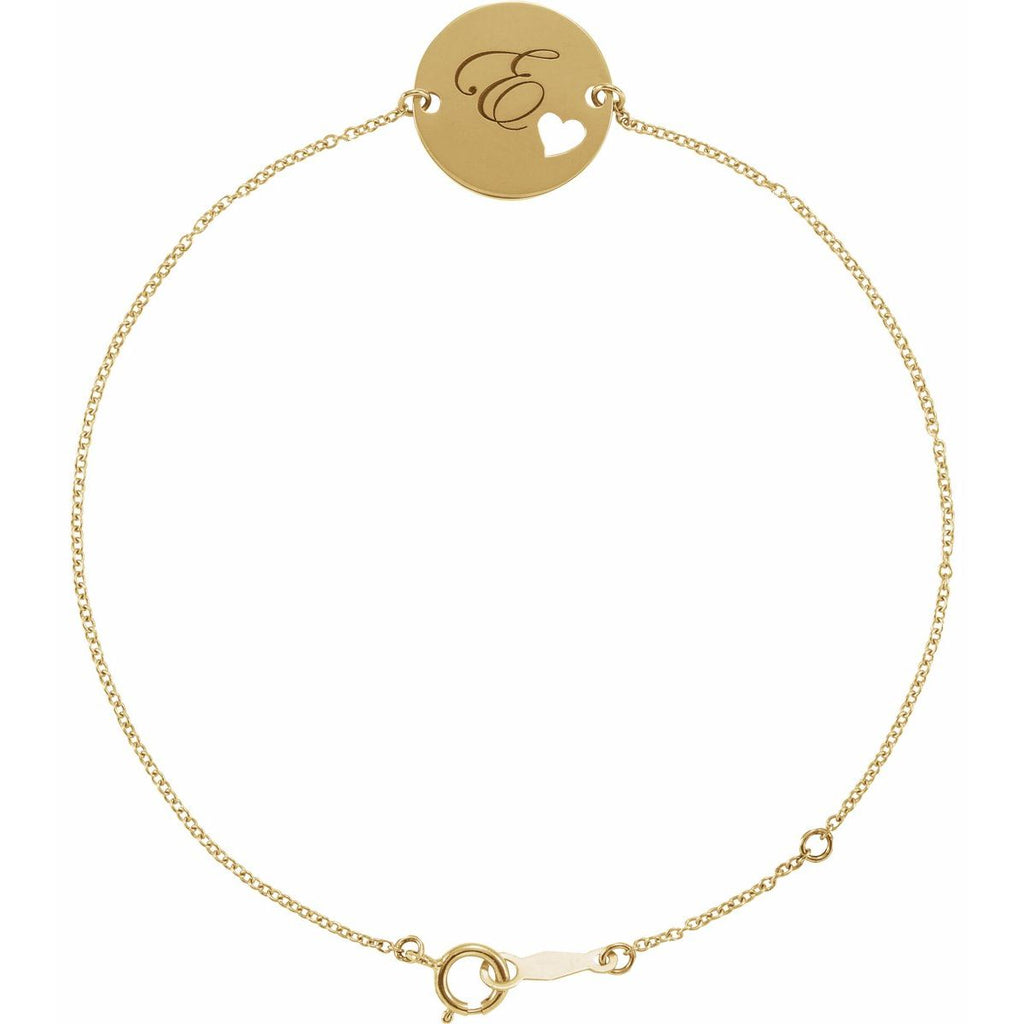 Engravable Pierced Heart Disc Bracelet in 14k yellow gold