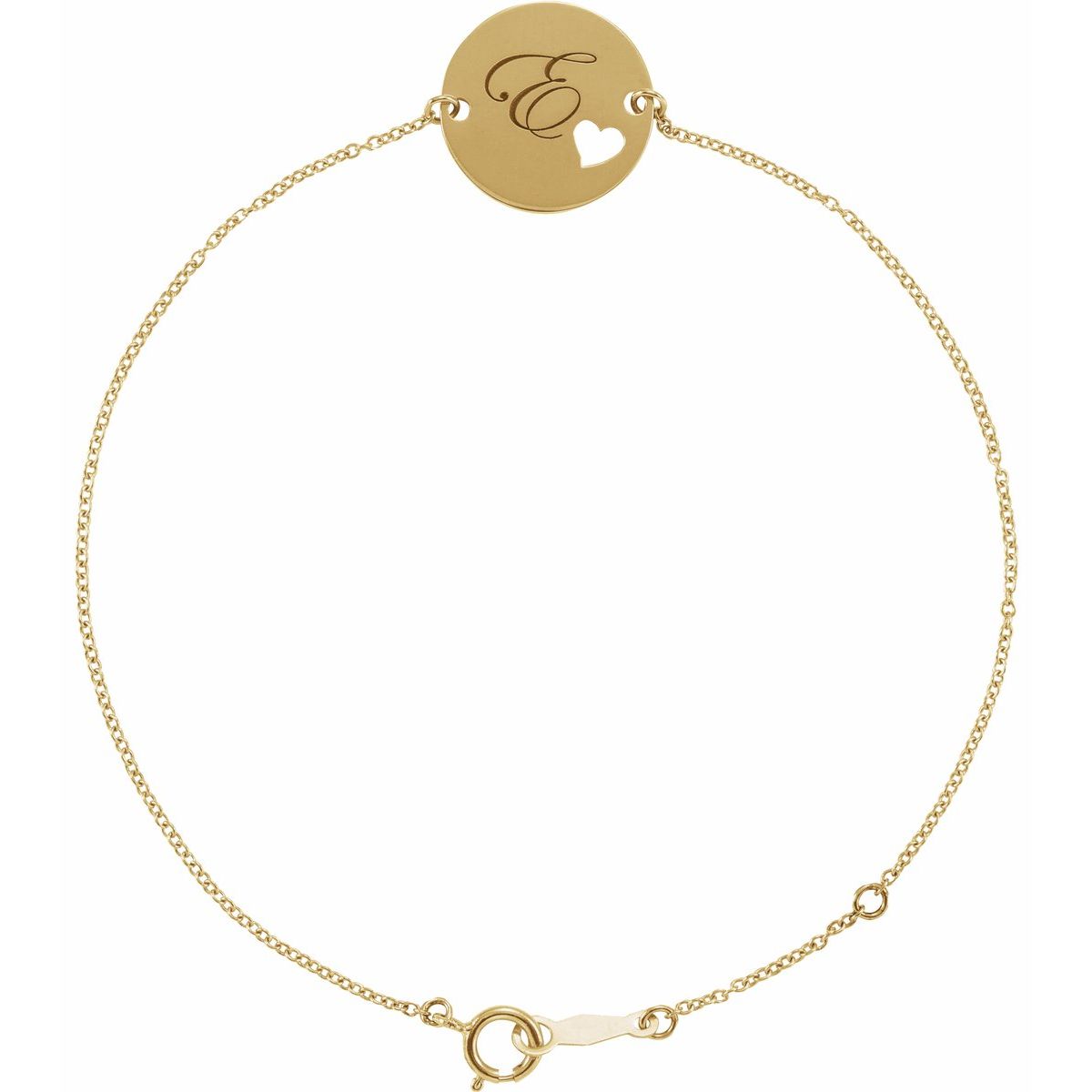 Engravable Pierced Heart Disc Bracelet in 14k yellow gold