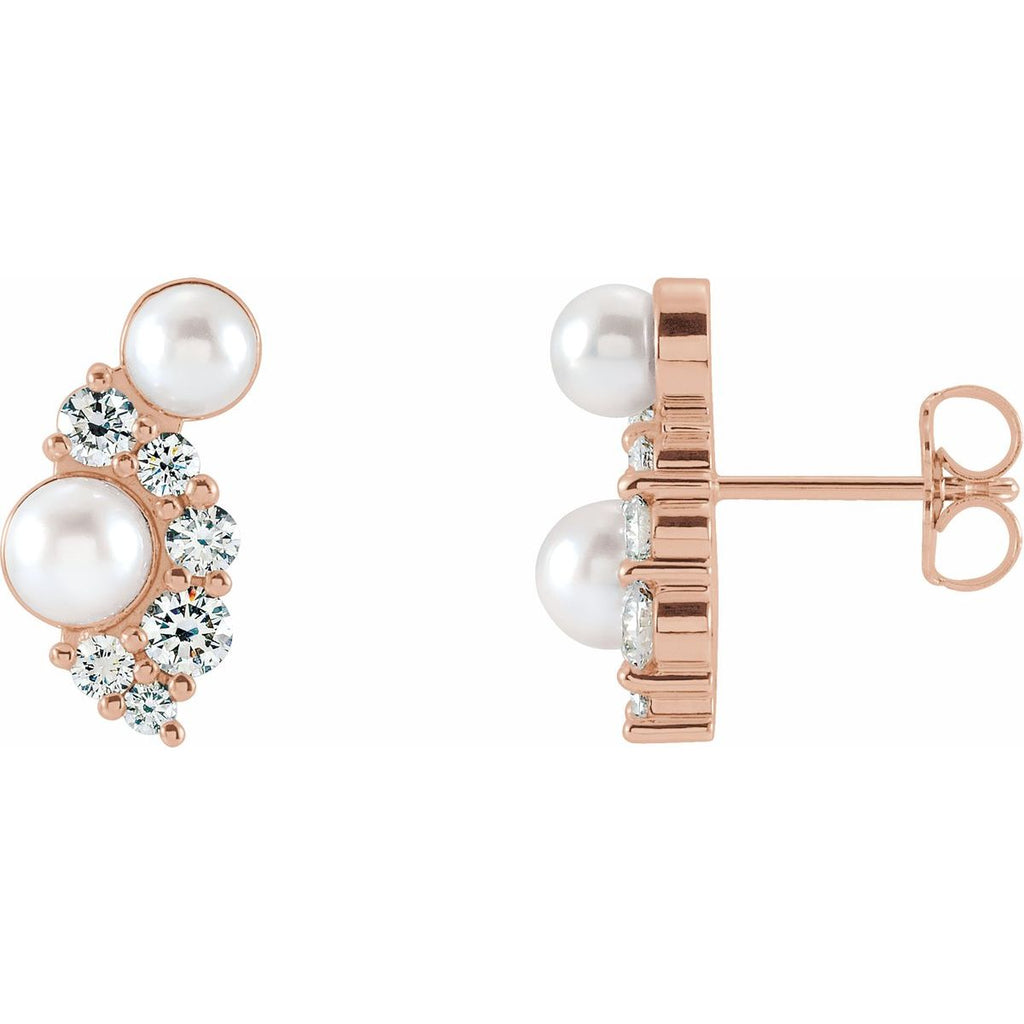 Cultured White Akoya Pearls & 1/2 CTW Natural Diamond Earrings in 14k rose gold