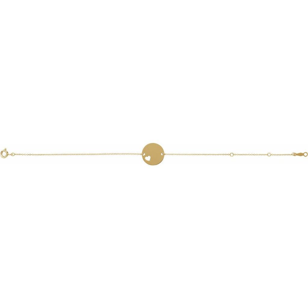 Engravable Pierced Heart Disc Bracelet in 14k yellow gold