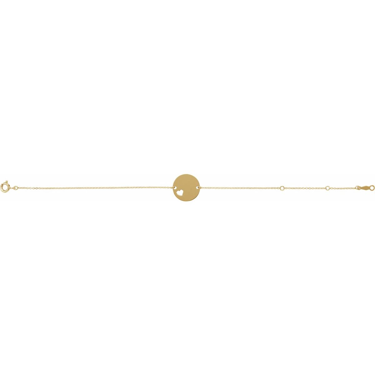 Engravable Pierced Heart Disc Bracelet in 14k yellow gold
