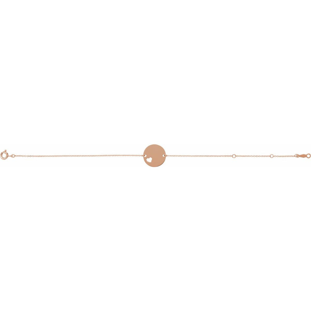 Engravable Pierced Heart Disc Bracelet in 14k rose gold