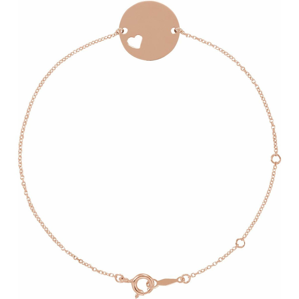 Engravable Pierced Heart Disc Bracelet in 14k rose gold