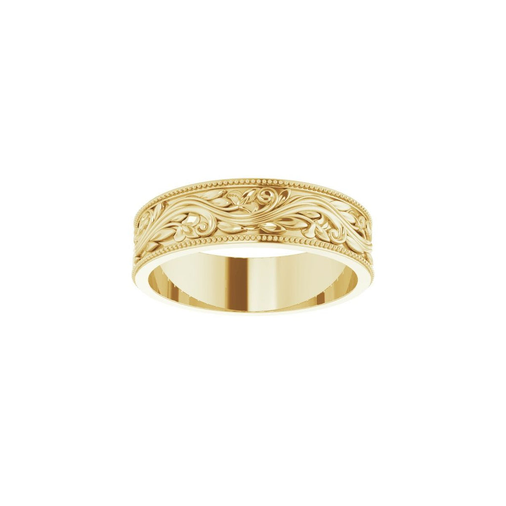 6 mm Milgrain Edge Floral Flat Band in 18k yellow gold