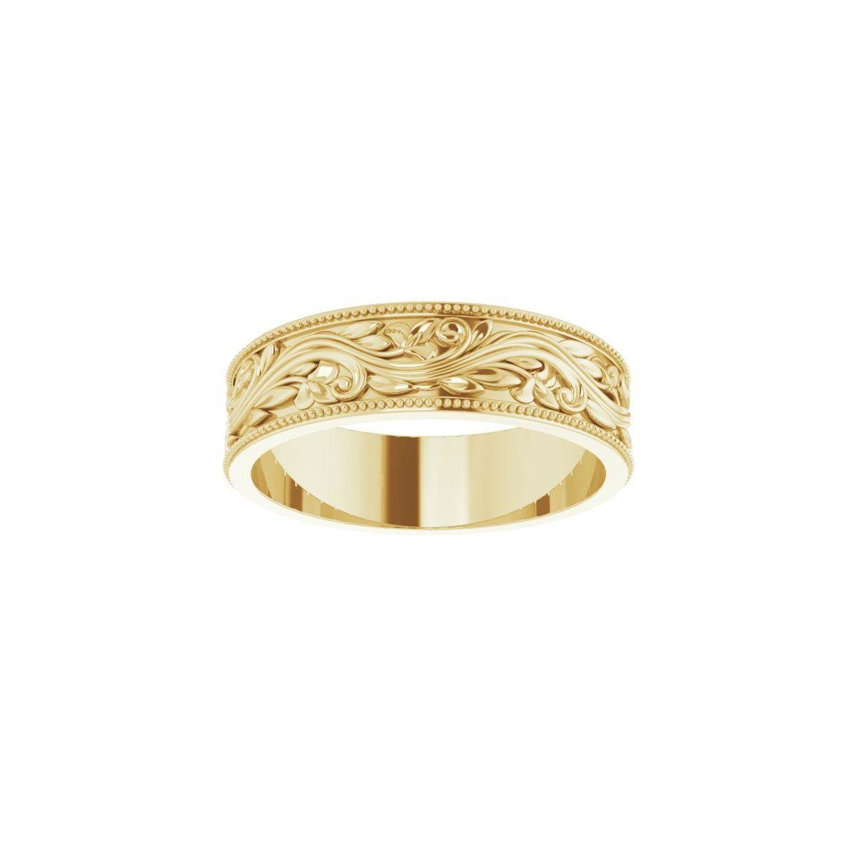 6 mm Milgrain Edge Floral Flat Band in 18k yellow gold