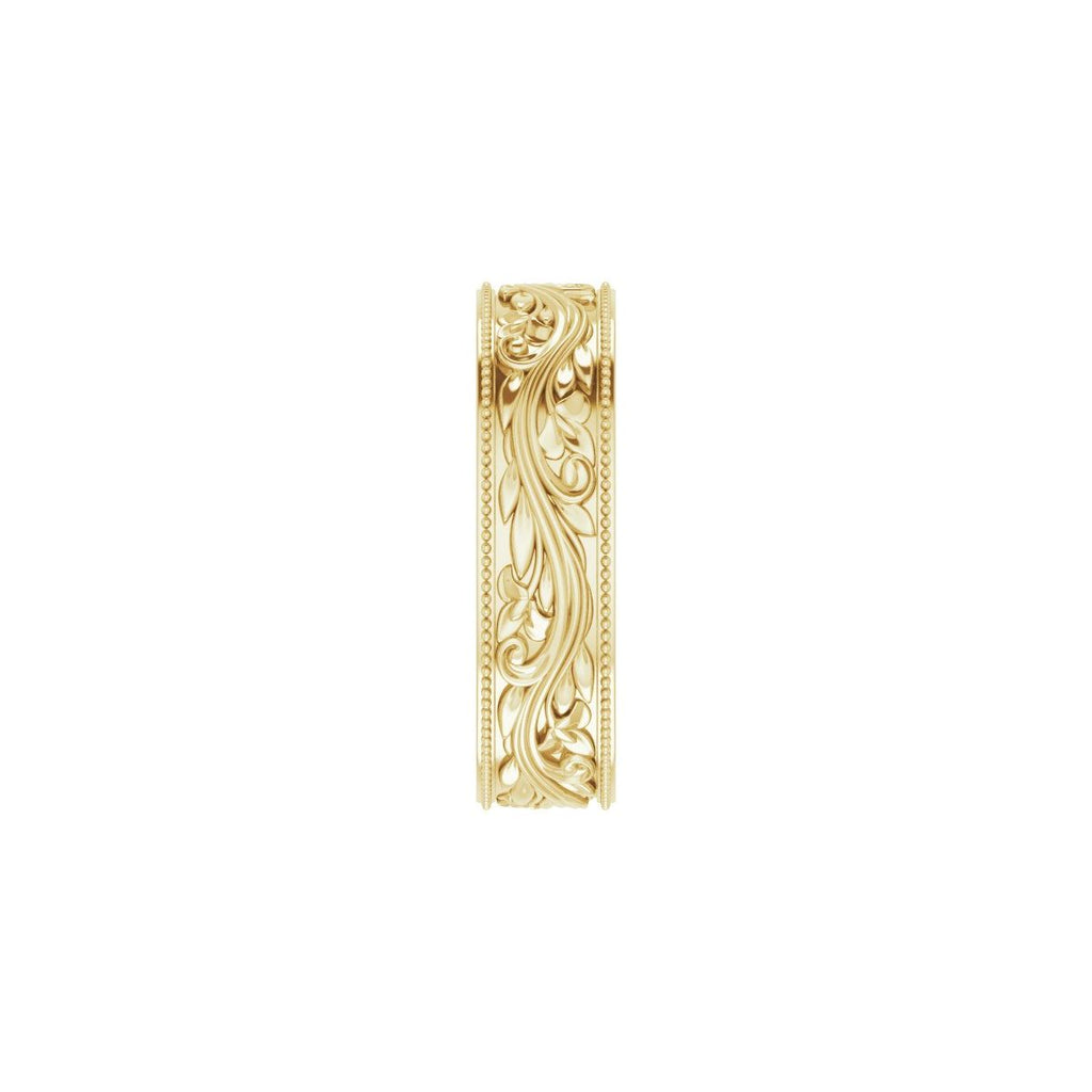 6 mm Milgrain Edge Floral Flat Band in 18k yellow gold