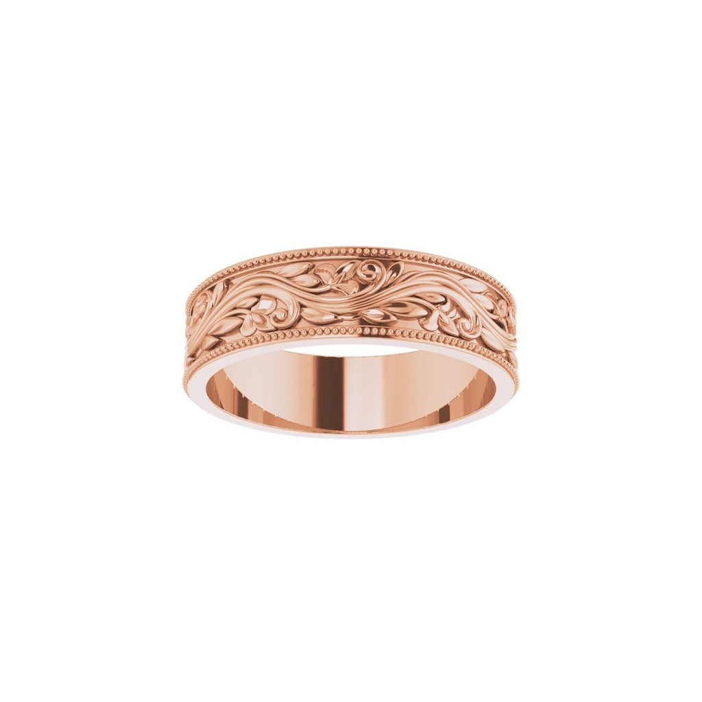 6 mm Milgrain Edge Floral Flat Band in 18k rose gold